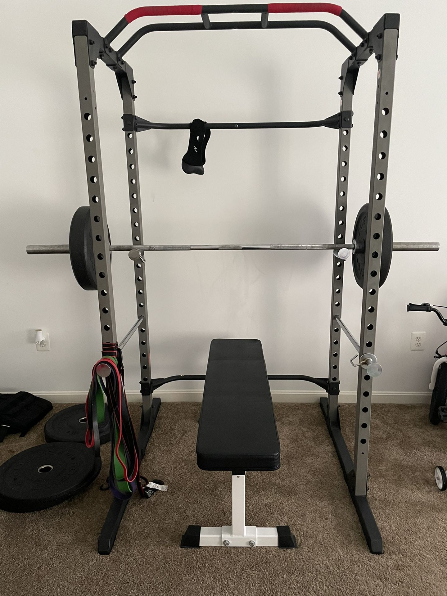 Weight Rack, Bench And Rogue Plates
