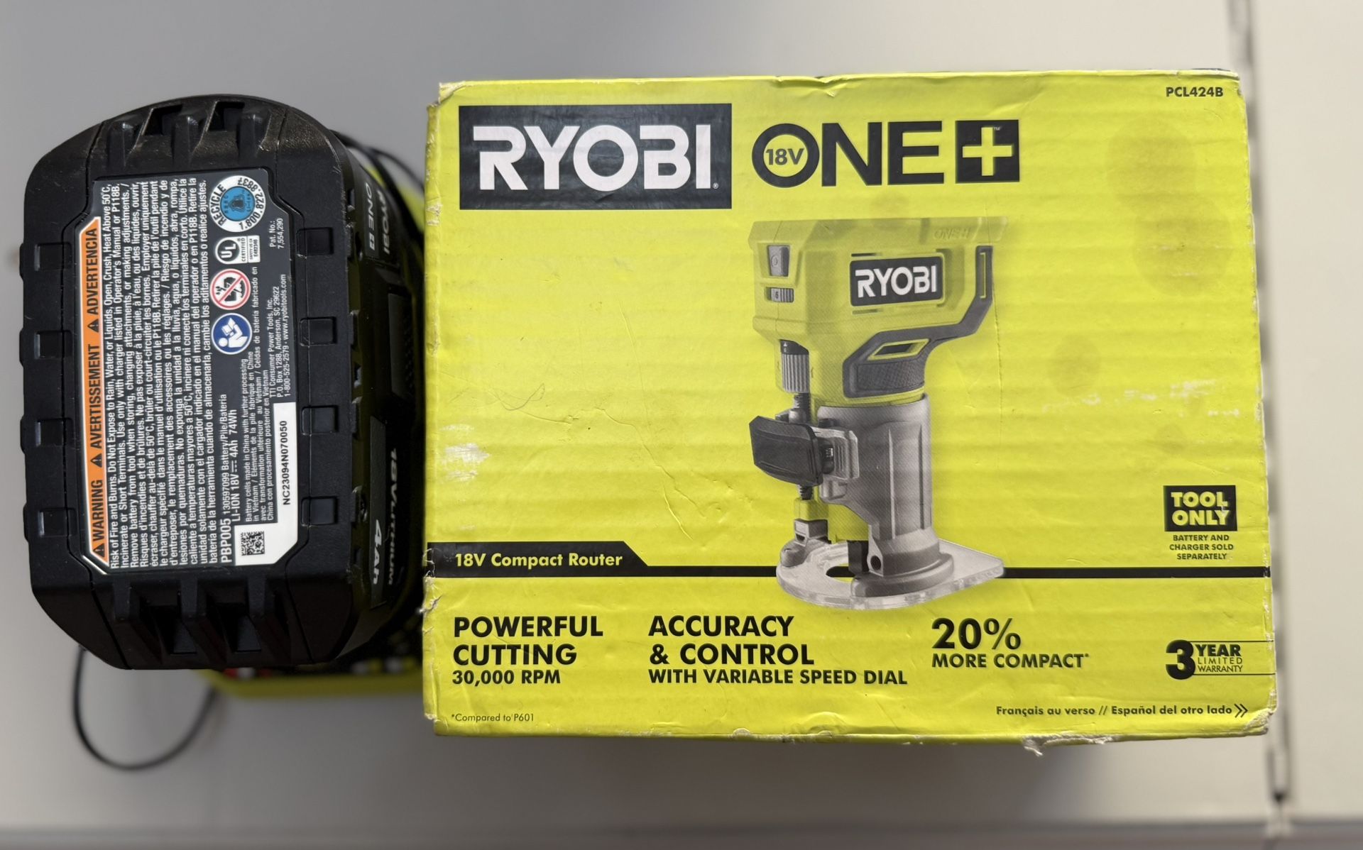 RYOBI 18V Cordless Router + Battery + Charger