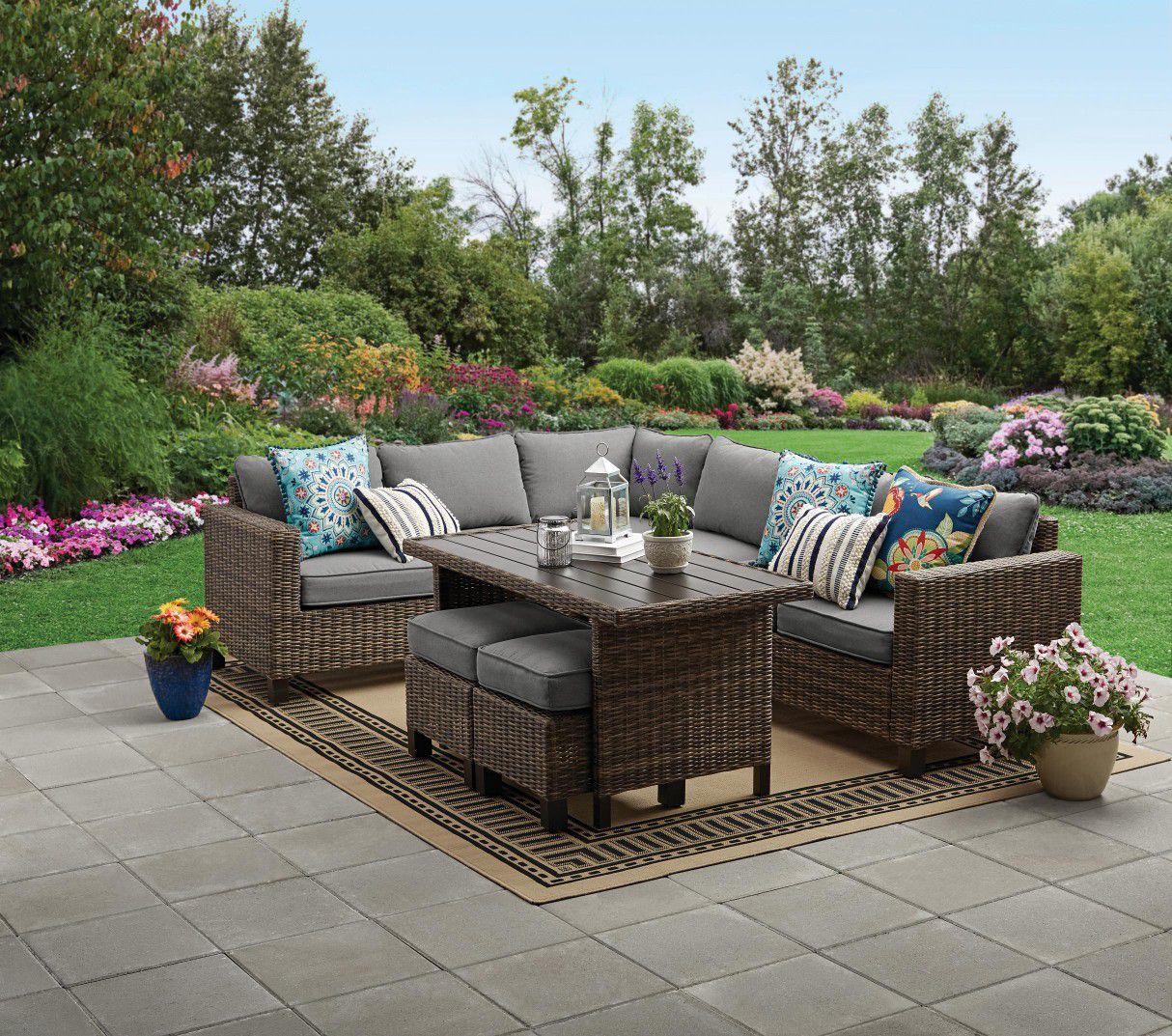 New in box! Better Homes & Gardens Brookbury 5-Piece Patio Wicker Sectional Set with Gray Cushions