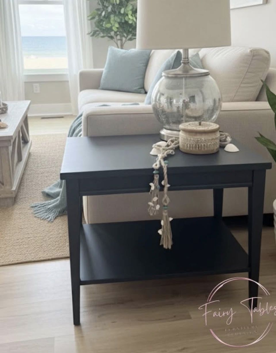 Lane Alta Vista Pair Coastal Clean Lines End Side Tables Serial Number Solid Wood Refinished Navy