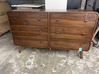 New Mid Century Dresser With Rounded Corners. Pine Wood / Dark Walnut Finish. 61x17Dx36H. Free Delivery!