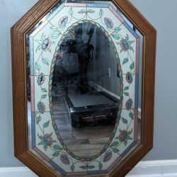 Vintage Octagon Etched Floral Mirror 1980s Style 21.5in X 31.5in Wood Frame