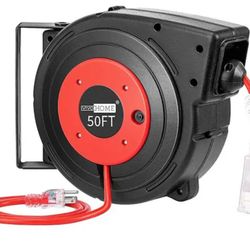 Vivo Home 50 ft. Retractable Cord Reel with Ceiling Wall Mount Swivel Bracket and LED Light Connector