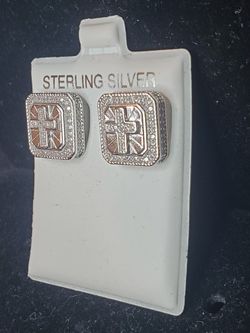 925 Silver CZ Stud Cross Earrings 