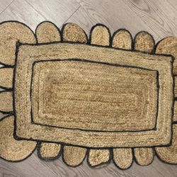 Small Boho Woven Jute Accent Rug with Black Trim