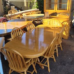 Oak Dining Table with 6 Chairs 8 foot/ Leaf/Extension/Set with Hutch/Double Pedestal/ Solid Wood/Farmhouse/Country/Rustic/Rare