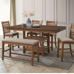 6 Pc Brown Wooden Counter Table + 18”b Leaf Set With Bench 