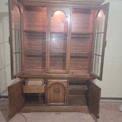 Mid-Century Solid Oak Sideboard & Hutch - Lighted Display