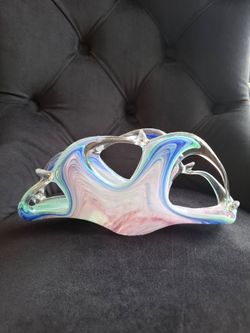 vintage Lavorazione Art Murano-style hand-blown art glass napkin and letter holder featuring a multicolored swirl pattern.