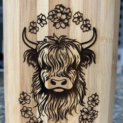 Wood Burned Highland Cow And Floral On A Bamboo Utensil Holder