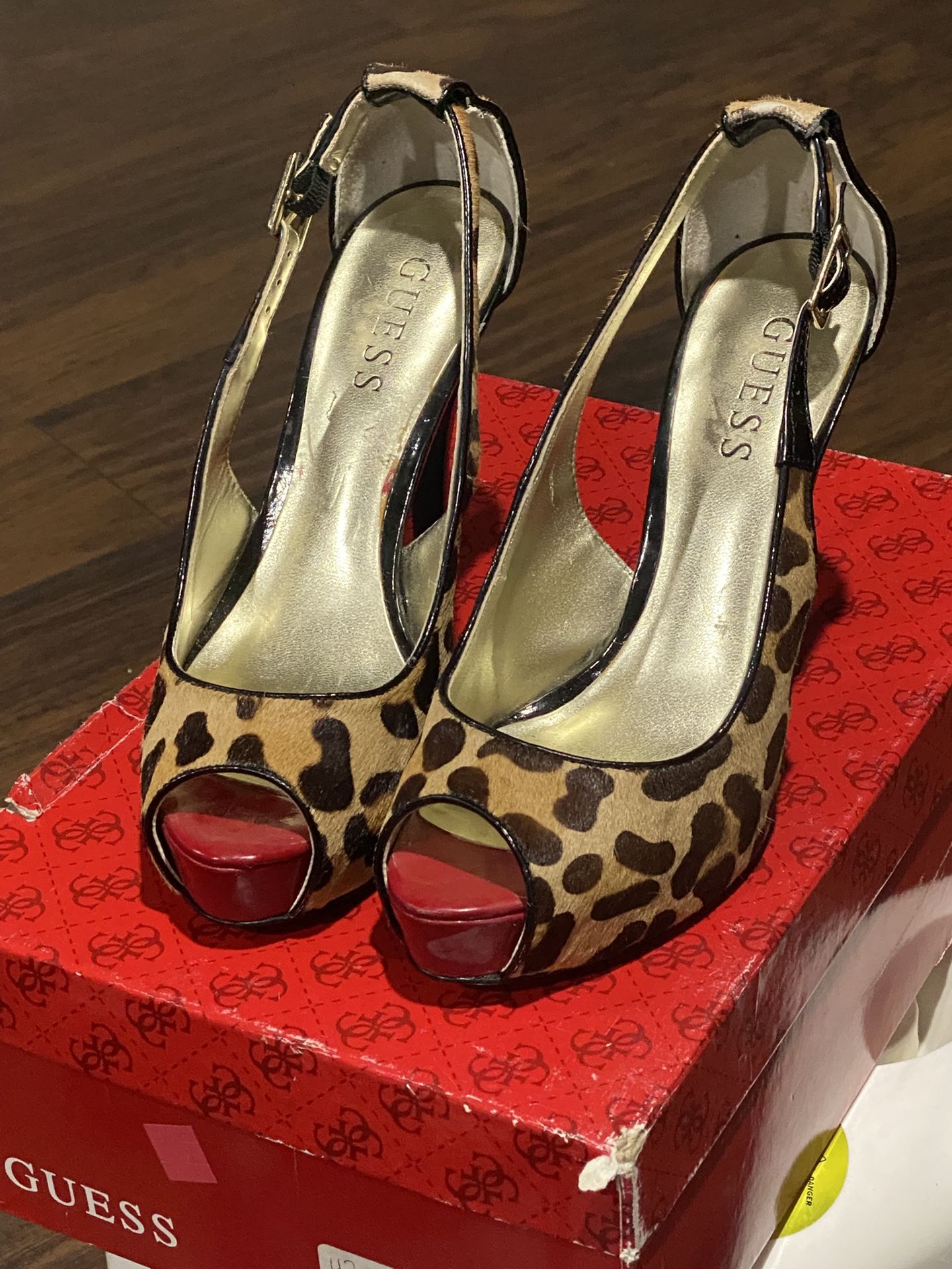 Guess Leopard pony hair sling back red peep toe heels