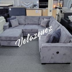 ✅️✅️4 pc dark grey corduroy fabric upholstered sectional sofa with USB plugs and ottoman✅️