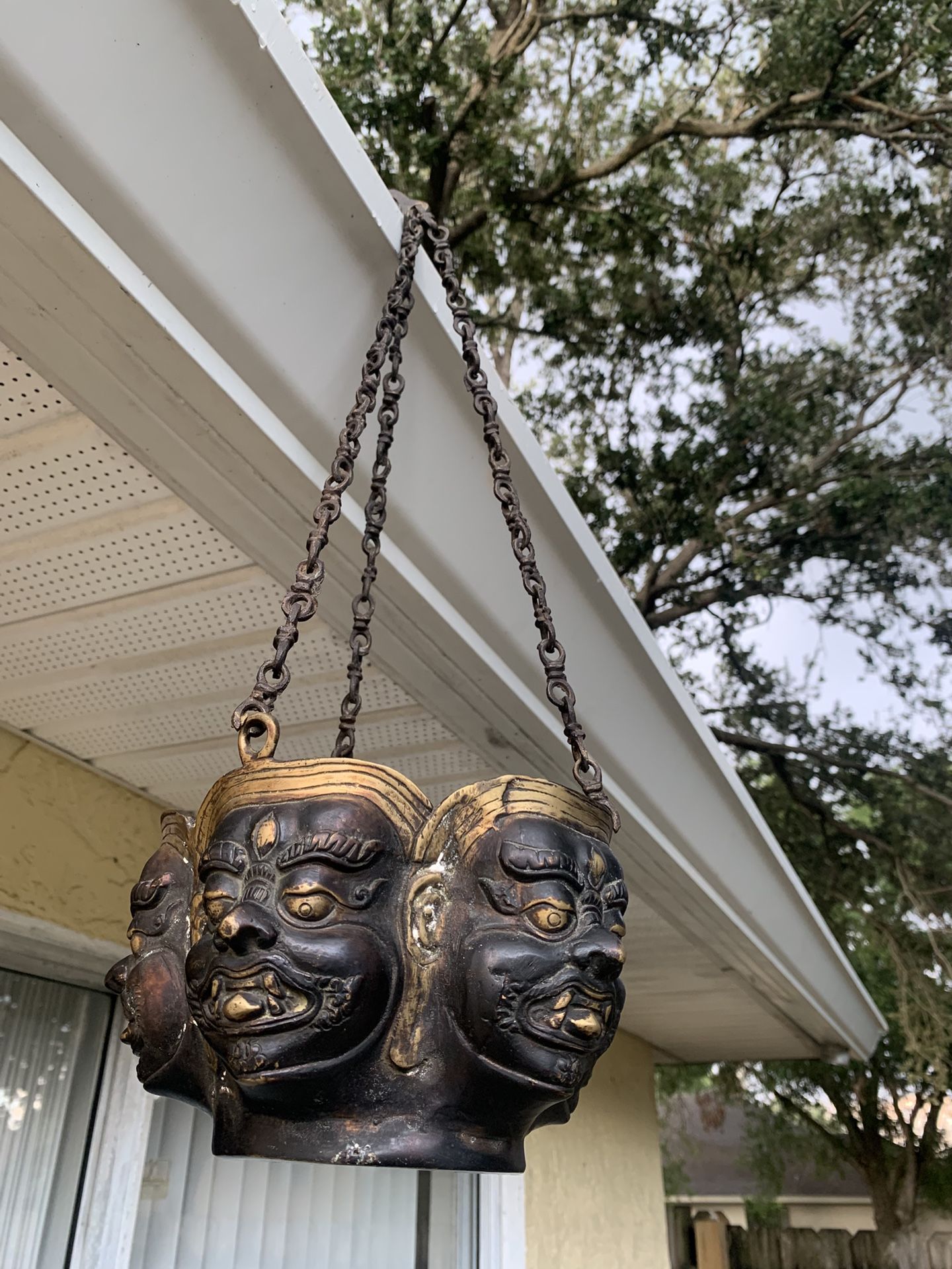 Antique Tibetan Cast Bronze Panchmukhi Shiva Motif Hanging Cachepot/ Planter,