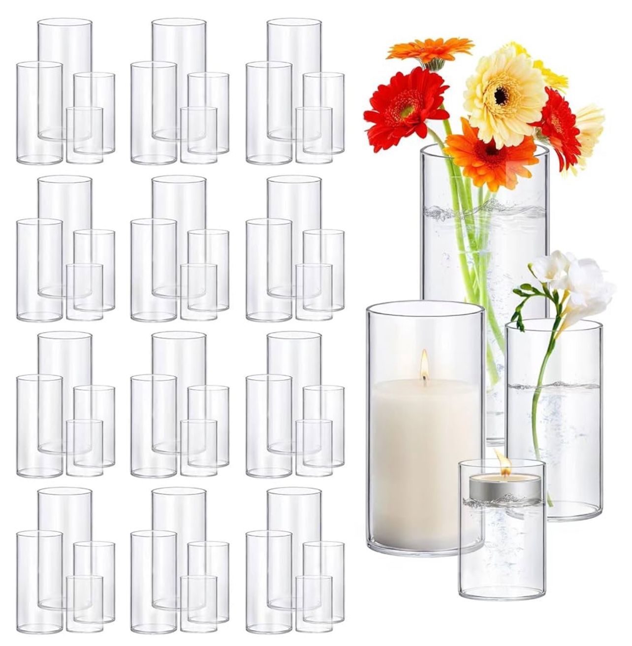 48 Pack Thick Glass Cylinder Vases 4,6,9,12 Inch Tall Clear Flower Vase Hurricane Floating Candle Holder for Table Centerpiece Wedding Home Decor