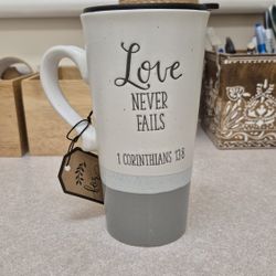 New- SHEFFIELD HOME CERAMIC 1COR.13:8" LOVE NEVER FAILS" COFFEE MUG