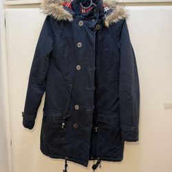 Loft Dark Blue Utility Jacket With Faux Fur Trim