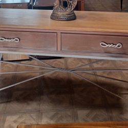 BEAUTIFUL QUALITY LARGE VINTAGE WHITEWASH SOLID OAK "LANE " CONSOLE HEAVY IRON BASE TWISTED IRON DRAWER HANDLES VERY WELL MADE WESTSIDE PICK UP 