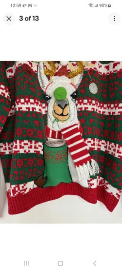 XL Unisex Adult Ugly Christmas Sweater w/Llama Holding aPocket For Your Beverage