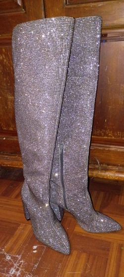 Gianni Bini Queen Bee over-the-knee boots, featuring an all-over silver rhinestone. Size 8