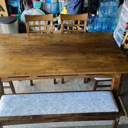 Solid Wood (Walnut Color) Dining Table With 4 Chairs And Bench (Seats 7) & Cabinet Set