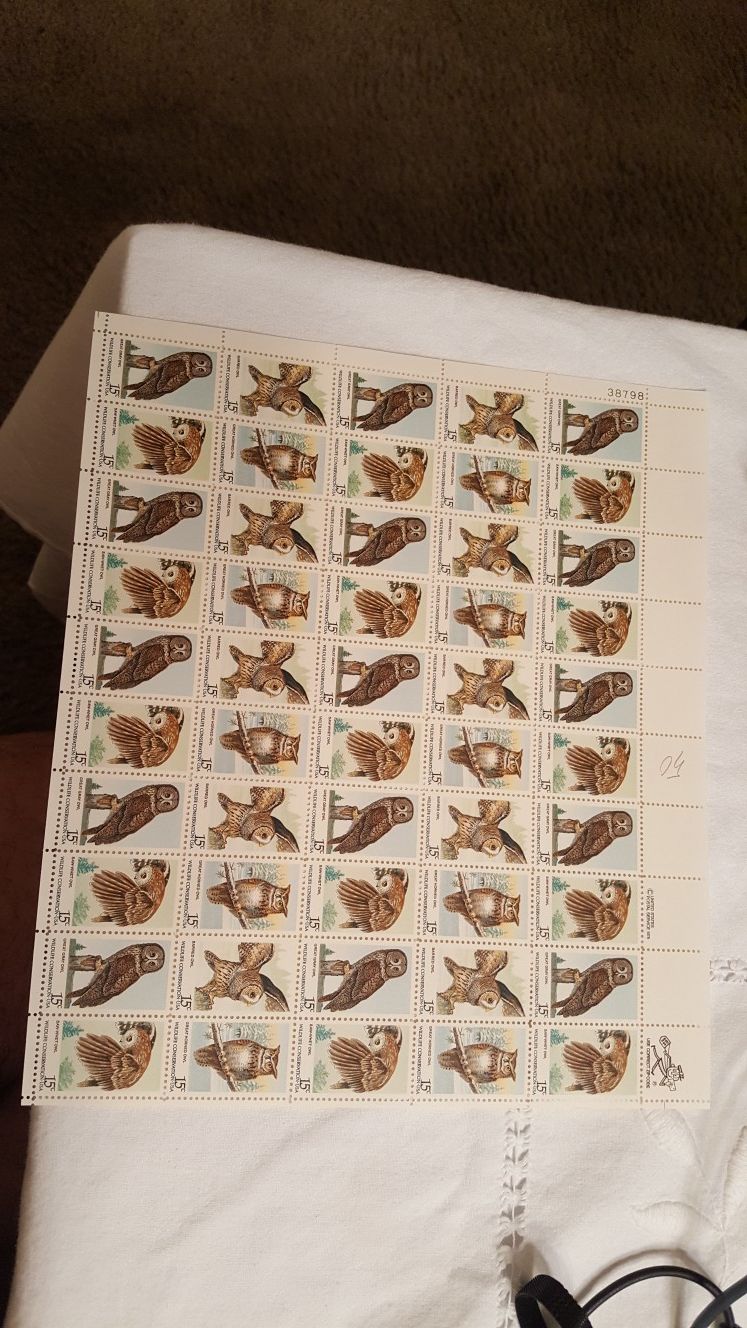 1978 U.S. ‘Wildlife Conservation’ 15 cent Stamps - Sheet of 50 - Owls 4 designs