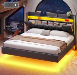 Floating King Bed Frame , with Storage and LED Lights and Headboard, Charging Station,Black(not Pu)