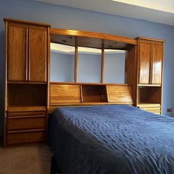 Queen Headboard with mirrors/lights and Storage Towers 
