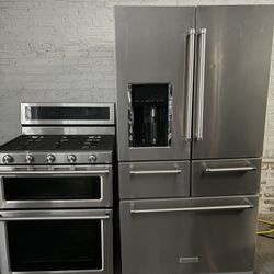 KitchenAid multi door refrigerator &. KitchenAid double oven gas range set stainless steel 