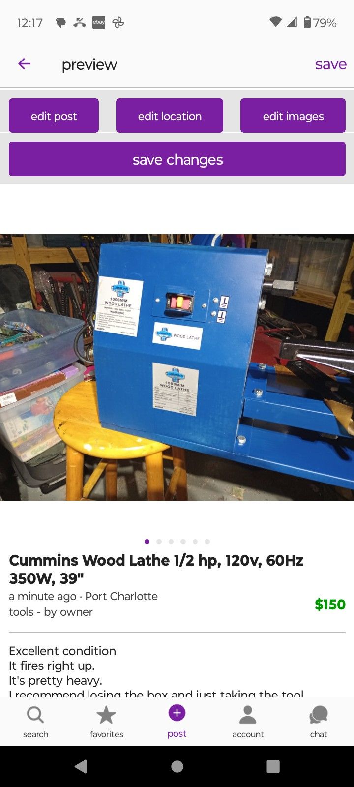 Cummins Wood Lathe, 1/2 HP, 120V, 60hZ, 350W, 39
