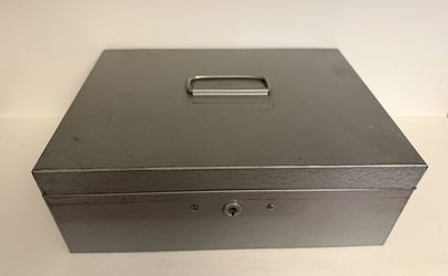 Vintage Industrial Gray Steel Cash Box / Heavy-Duty Metal Lock Box with Handle