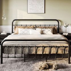King Size Bed Frame Metal Platform Bed with Vintage Style Headboard and Footboard, Heavy Duty Mattress Foundation, No Box Spring Needed, Easy Assembly