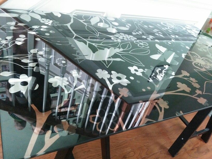 Ikea Vika Glasholm table top glass floral patterned black+trestle legs