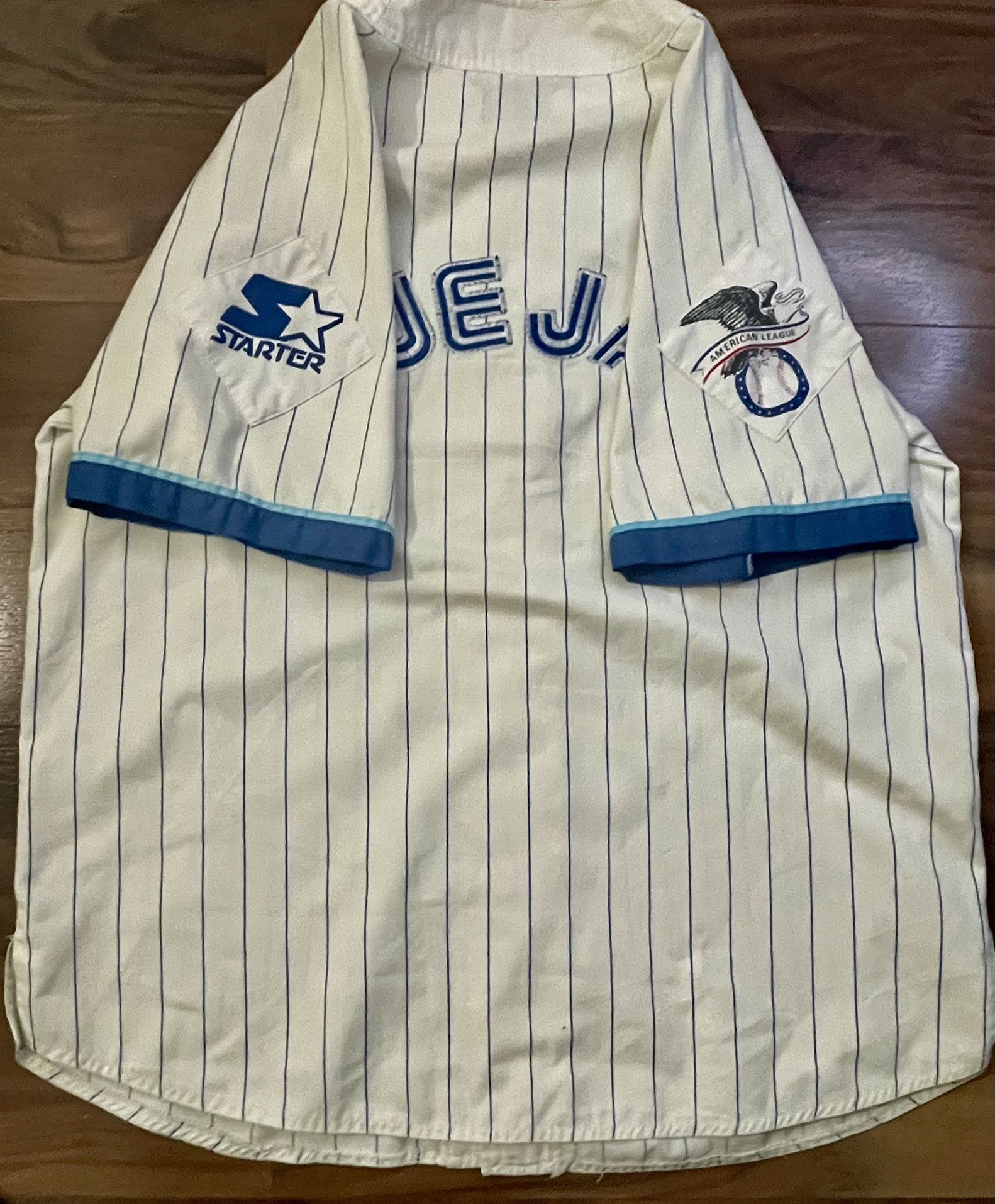 Vintage 90’s Toronto Blue Jays MLB Starter  Pinstripe Jersey Stitched No Size Tag Possibly XL