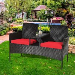 Outdoor Patio Wicker Furniture Set, Two Seater Sofa with Red Cushions and Coffee Table with Glass Top, Durable Wicker Design, 54.5 Inches Wide