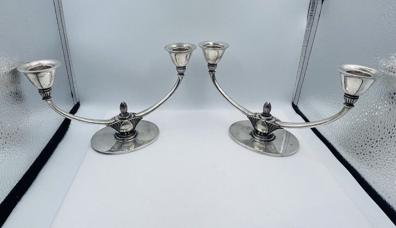 Georg Jensen Denmark Antique Pair Sterling Silver Candlesticks Candelabras 673A