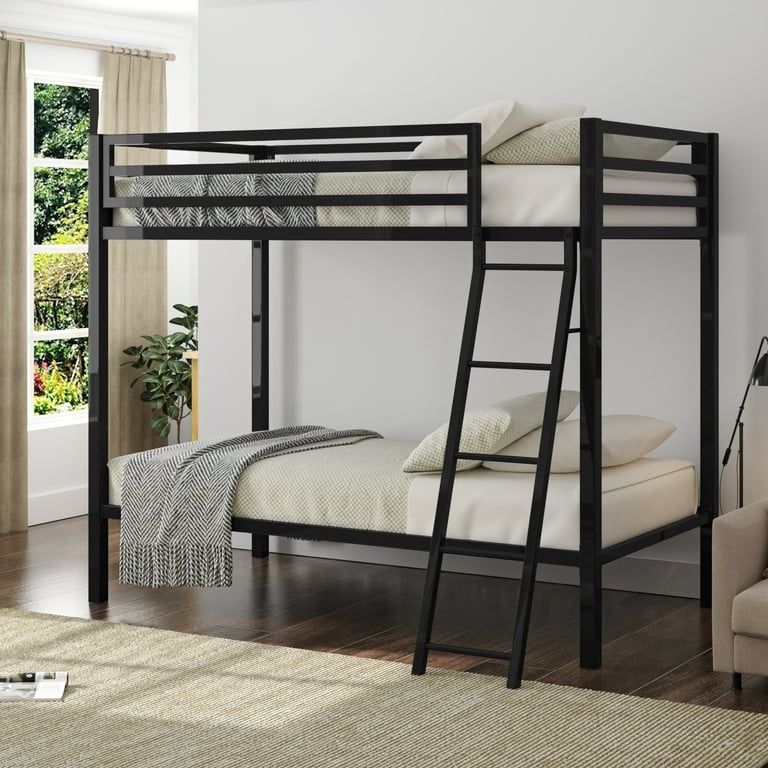 Metal Bunk Bed Twin Over Twin Size with Angled Ladder & Guardrail, Space-Saving, Black