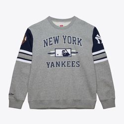 Men's Heather Gray New York Yankees Vintage Logo Allover 4.0 Fleece Pullover Sweatshirt