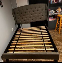 Gray Upholstered Bed Frame with Tufted Headboard