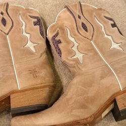 Frye Leather Western Cowboy Boots Women's Size 9 Snip Toe Star Inlay Tan Purple
