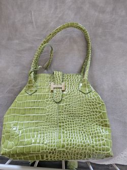 $80*Vera Pelle Tote/Purse Emerald Green  Print Genuine Italy Leather Vintage
