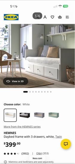 Daybed frame with 3 drawers, white- like new