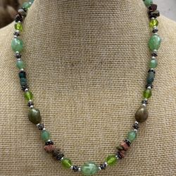 Unakite/Adventurine Chips & Acrylic Beads Necklace 17”+2.5”ext.
