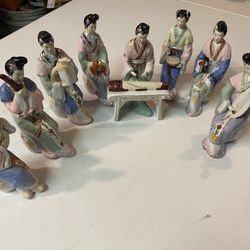 🎎 Vintage Chinese Porcelain Musician Figurine Set – 9-Piece Ensemble