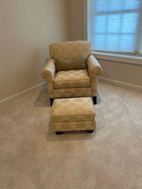 Bassett Designer Armchair + Matching Upholstered Ottoman – Like New, Never Sat On