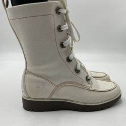 Timberland Women Size 6.5 Cream/white Color Canvas Boots 8” High Lace Up Boots 