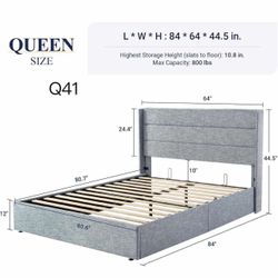 Q41-Queen Size Lift Up Storage Bed, Modern Wingback Headboard, Hydraulic Support, No Box Spring Needed, Grey Blue