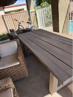 Restoration hardware teak wood table and 6 Rutherford chairs