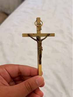 Gold Color Jesus Cross Decor – Small Metal Christian Ornament Vintage