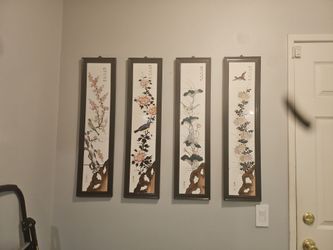 Vintage H. Kanaya Kyoto Japanese Hand-Painted Porcelain Tile Panels - Set of 4 Four Seasons Bird & Flower Art Description