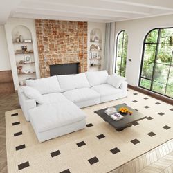120” White  Sectional Couch,Down Filled Sofa,Cushion Covers Removable,Convertible Cloud Couches,Deep Seat Modern Modular White Sofa [NEW]